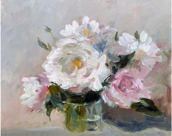 Peony Painting ORIGINAL White and Pink Flower Bouquet Floral Oil Artwork (8x10) by Muura