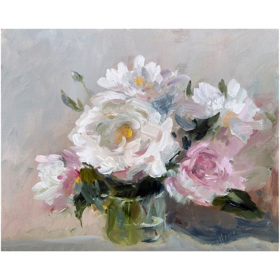 Peony Painting ORIGINAL White and Pink Flower Bouquet Floral Oil Artwork (8x10) by Muura