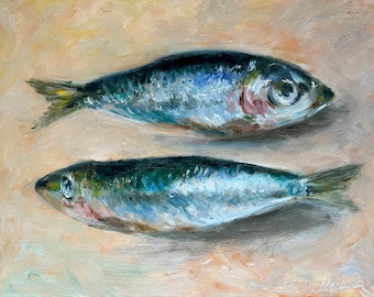 Sardine Painting Fish Original Art Food Oil Painting Kitchen Artwork Gift 8''x10'' by StudioMuura