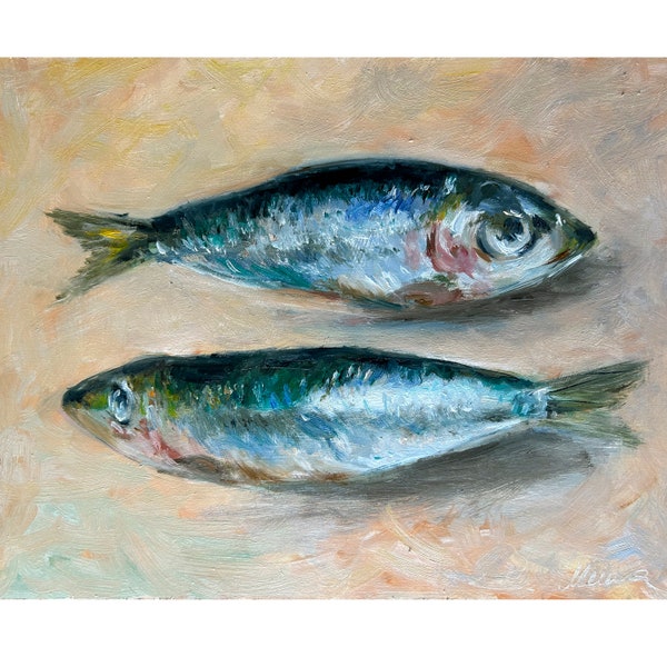 Sardine Painting Fish Original Art Food Oil Painting Kitchen Artwork Gift 8''x10'' by StudioMuura