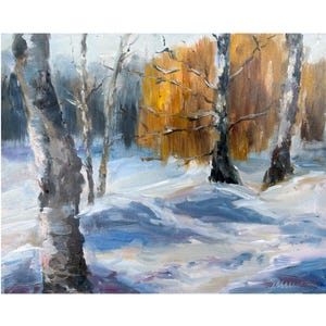 Winter Painting ORIGINAL Snow Art Winter Country Oil Landscape Artwork Christmas Gift Wall Art 8&#39;&#39; x 10&#39;&#39; by Muura