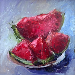 Fruit Painting ORIGINAL Watermelon Art Food Oil Artwork Kitchen Wall Art Gift 8x8&#39;&#39; by Muura