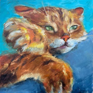 Pintura de gato original, lindo animal, arte de jengibre, mascota, obra de arte al óleo, regalo, arte de pared, 30 x 30 cm, de Muura