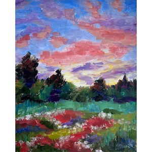 Meadow Painting ORIGINAL Poppy Field Art Flower Filed Landscape Oil Artwork Gift 8&#39;&#39; x 10&#39;&#39; by Muura