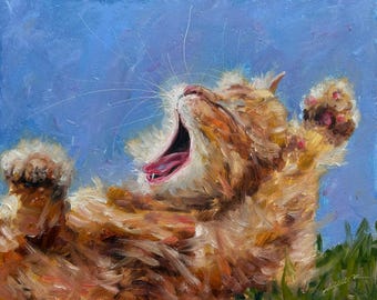 オレンジ色のぶち猫の油絵：ブロンドのかつらの反射、キャンバスに張
