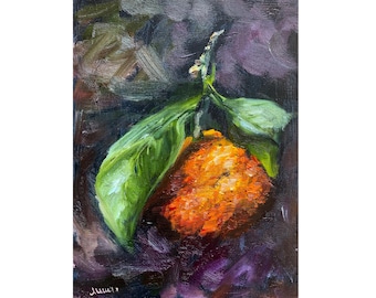 Orange Painting ORIGINAL Fruit Art Tangerine Сitrus Artwork Kitchen Wall Art 6&#39;&#39; x 8&#39;&#39; by Muura