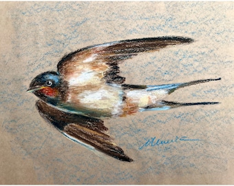 Swallow Painting ORIGINAL Barn Swallow Art Oil Pastel Drawing Flying Bird Wall Decor 10x12'' by Muura