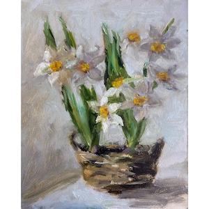 水仙の絵画 オリジナル 水仙の花のアート ジョンキルの花束 油絵 ギフト ウォールアート 8x10'' ムウラ作