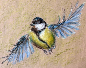 Bird Painting Flying Tit Original Art Animal Oil Pastel Artwork Сhickadee Drawing Gift 8x10 by Muura