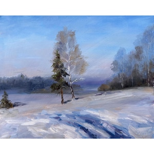 Original Winter Landscape Oil Painting: Christmas Tree Art, 8&#39;&#39; x 10&#39;&#39;