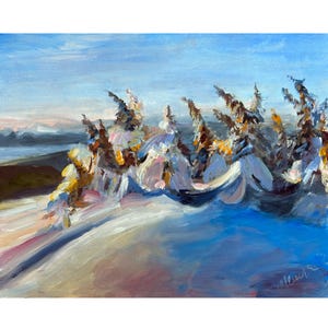Christmas Painting ORIGINAL Winter Art Trees Oil Artwork Small Gift Wall Art 8x10'' by Muura