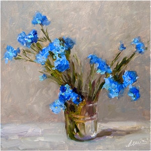 Peinture myosotis fleur Art ORIGINAL bouquet de printemps Oeuvre d&#39;art à l&#39;huile fleurs sauvages bleues cadeau Art mural 20 x 20 cm par Muura