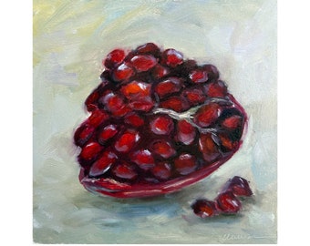 Pomegranate Painting ORIGINAL Fruit  Art Small Kitchen Oil Artwork Food Wall Art Gift 6x6&#39;&#39; by Muura
