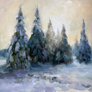 Christmas Painting Snow Tree ORIGINAL Art Small Winter Country Oil Artwork Gift by Muuta