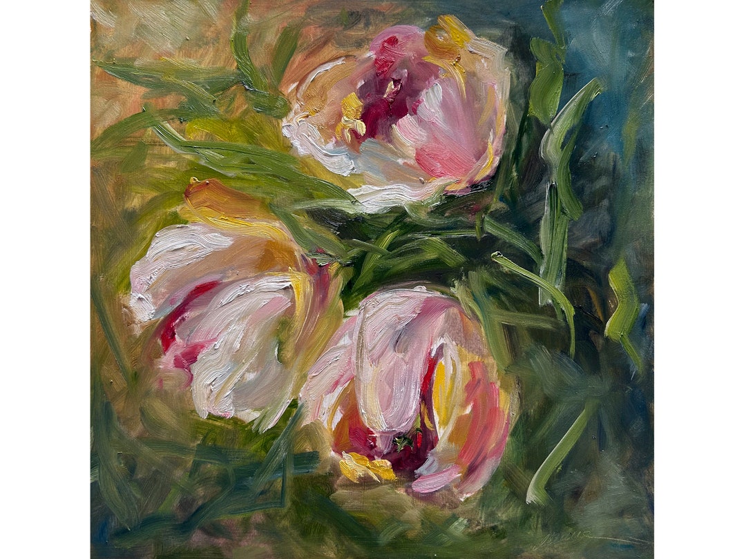 Tulip Impasto Painting ORIGINAL White Flower Bouquet Floral Oil Artwork ...