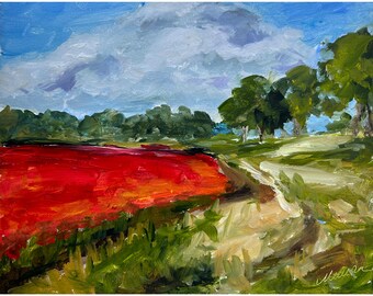 ポピーの草原のオリジナル油絵、明るい質感の風景、赤い花、インガ