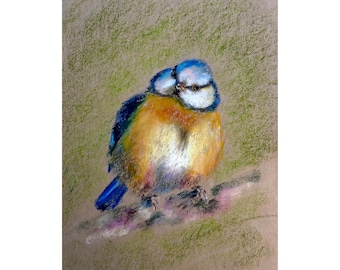 Chickadee Painting ORIGINAL Bird Art Oil Pastel Drawing Wall Decor 8x10" by Muura