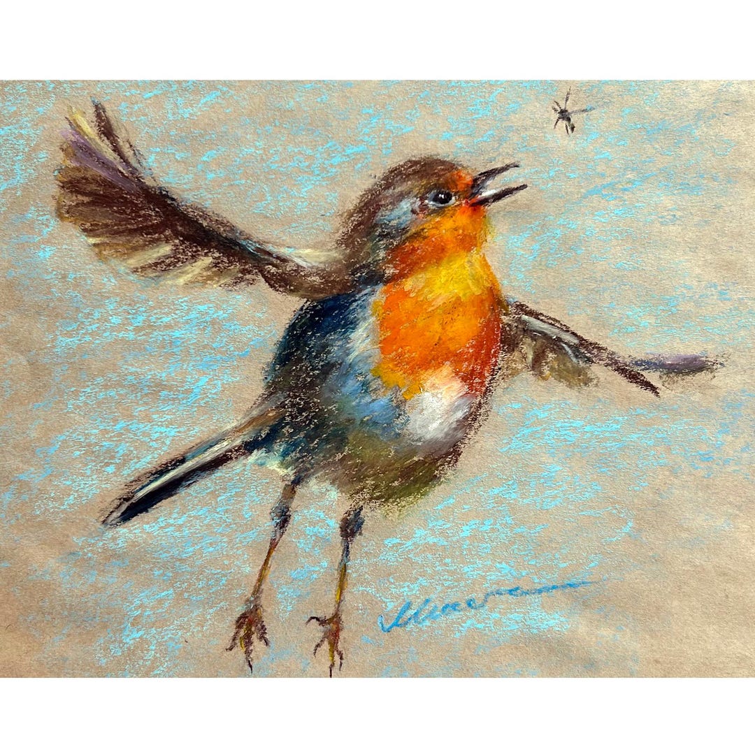 Bird Painting Original Robin Art Animal Oil Pastel Artwork Flying Bird ...