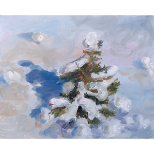 Christmas Tree Painting Snow ORIGINAL Art Small Winter Oil Artwork Gift 8x10&#39;&#39; by Muura