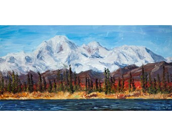 アラスカのデナリにかかる赤いオーロラの幻想絵画 アラスカのデナリに