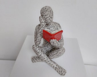 Reading sculpture with pedestal, book decoration, gift, small decorative figure, art lover
