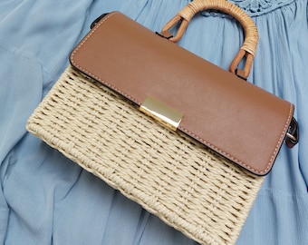 Small straw woven handbag with removable straps, gift