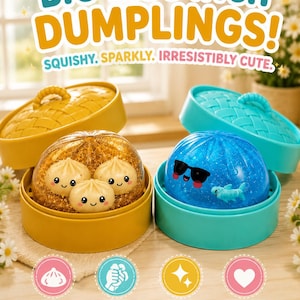 May include: Two 3.35 inch squishy dumpling toys in yellow and teal bamboo-style steamers. One gold glitter dome contains three small dumpling figures, while the blue glitter dome features a smiling face with sunglasses and a small fish graphic.