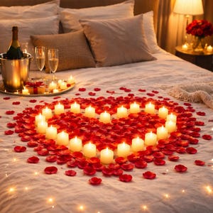 May include: A romantic bedroom scene with a heart-shaped arrangement of red rose petals and lit candles on a bed. A tray with champagne, glasses, and a gift sits nearby. Soft lighting from fairy lights and a bedside lamp creates a warm ambiance.