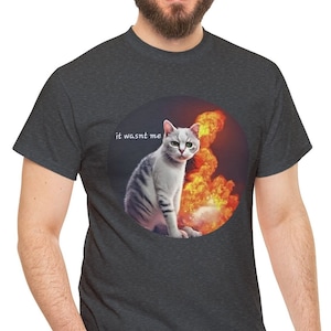 Op de afbeelding: Een donkergrijs t-shirt met een witte kat die voor een vurige explosie zit. De tekst "it wasn't me" is op het shirt gedrukt.