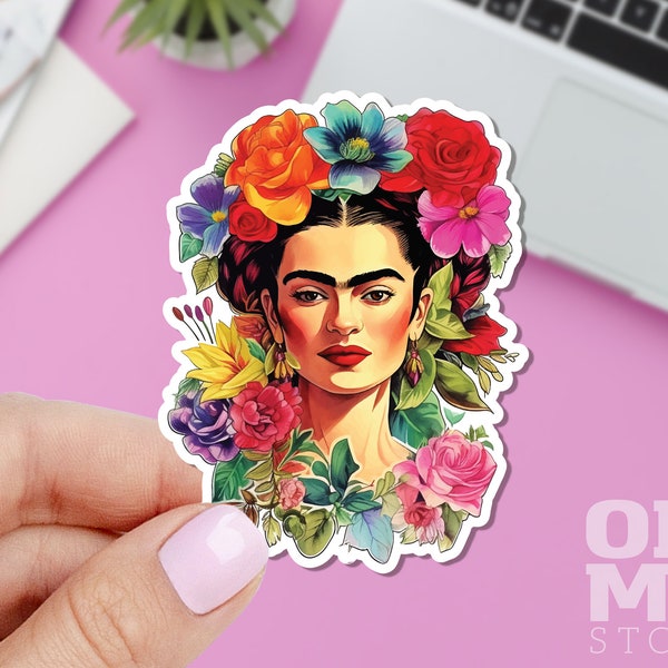 Frida Kahlo Sticker, Woman Portrait Sticker, Feminist Sticker, Floral sticker, Watercolor Sticker, Laptop Sticker