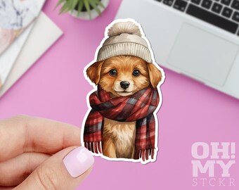 Pegatina de bufanda de sombrero de perro, pegatina de animales, pegatina de cachorro lindo, pegatina de invierno, pegatina de Macbook, pegatina de IPad, pegatina de ordenador portátil