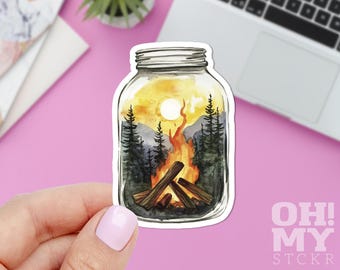 Campfire Jar Sticker: Watercolor Forest Vinyl Decal