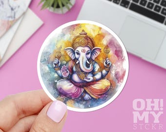 Lord Ganesha Watercolor Vinyl Sticker: Hindu God, Yoga, Lotus