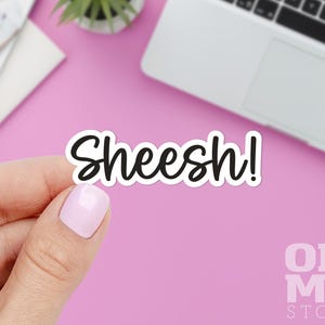 May include: A white sticker with the word "Sheesh!" in black cursive font. The sticker is held by a person with a pink background, a laptop, and a small plant in the background. The sticker has a white border.