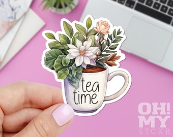 Tea Time Vinyl Sticker: Floral Cup of Tea, Laptop Decal