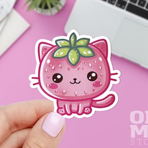 Strawberry Cat Sticker, Kawaii Sticker, Animal Sticker, Macbook Sticker, IPad Sticker, Laptop Sticker