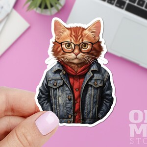 May include: A sticker featuring a cartoon cat wearing glasses, a red hoodie, and a denim jacket. The cat has orange fur and is looking forward. The sticker has a white border and the text "OH! MY STCKR" is visible.