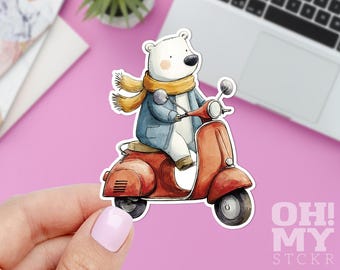 Bear Scooter Sticker: Durable Vinyl Laptop Decal