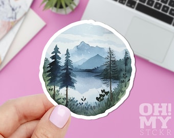 Watercolor Mountain Lake Vinyl Sticker: Laptop, iPad, Journal