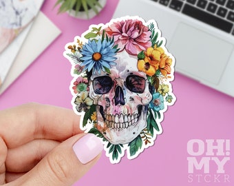Skull Flower Sticker, Floral Sticker, Rose Sticker, Watercolor Sticker, Macbook Sticker, IPad Sticker, Laptop Sticker