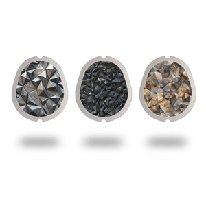 May include: Three round, silver-coloured, decorative objects with a geometric, crystal-like pattern. The objects are arranged in a row from left to right, with the leftmost object having a silver pattern, the middle object having a black pattern, and the rightmost object having a brown pattern.