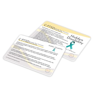 May include: Two rectangular white information cards with rounded corners featuring the text C-PTSD Complex Post Traumatic Stress Disorder and Hidden Disability. The cards include a teal ribbon icon, bulleted lists of symptoms, and a website URL.