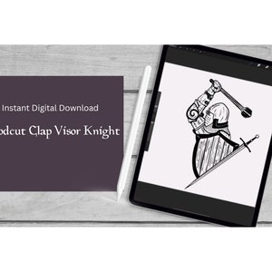 Puede incluir: Ilustración digital en blanco y negro de un caballero con armadura sosteniendo un arma. El caballero lleva un casco con visera y un escudo con textura de madera. La imagen está etiquetada como "Woodcut Clap Visor Knight" y "Descarga digital instantánea".