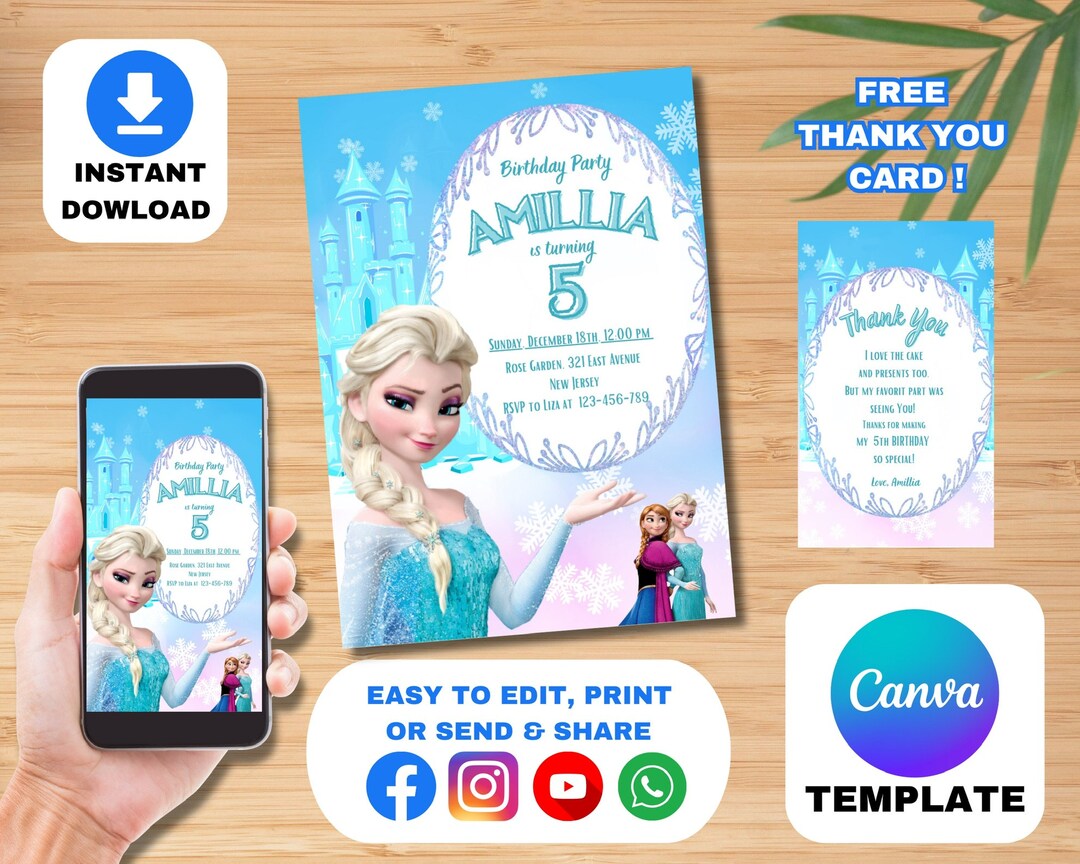 Frozen Princess Elsa Birthday Invitation, Winter Snow Girls Birthday ...