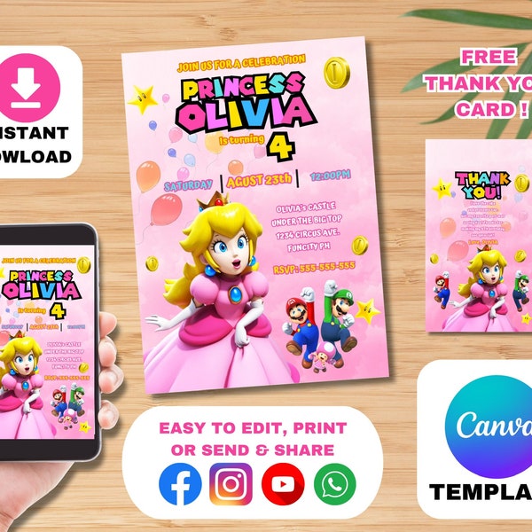Princess Peach Mario Invitation Card, Mario Bros Invite Party, Girl Invite Printable Digital Template, Kid Invite, Editable Template Canva