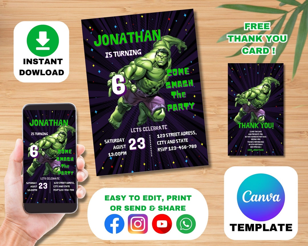 NSTANT DOWNLOAD, Hulk Birthday Invitation, the Incredible Hulk Birthday Invitation, Digital