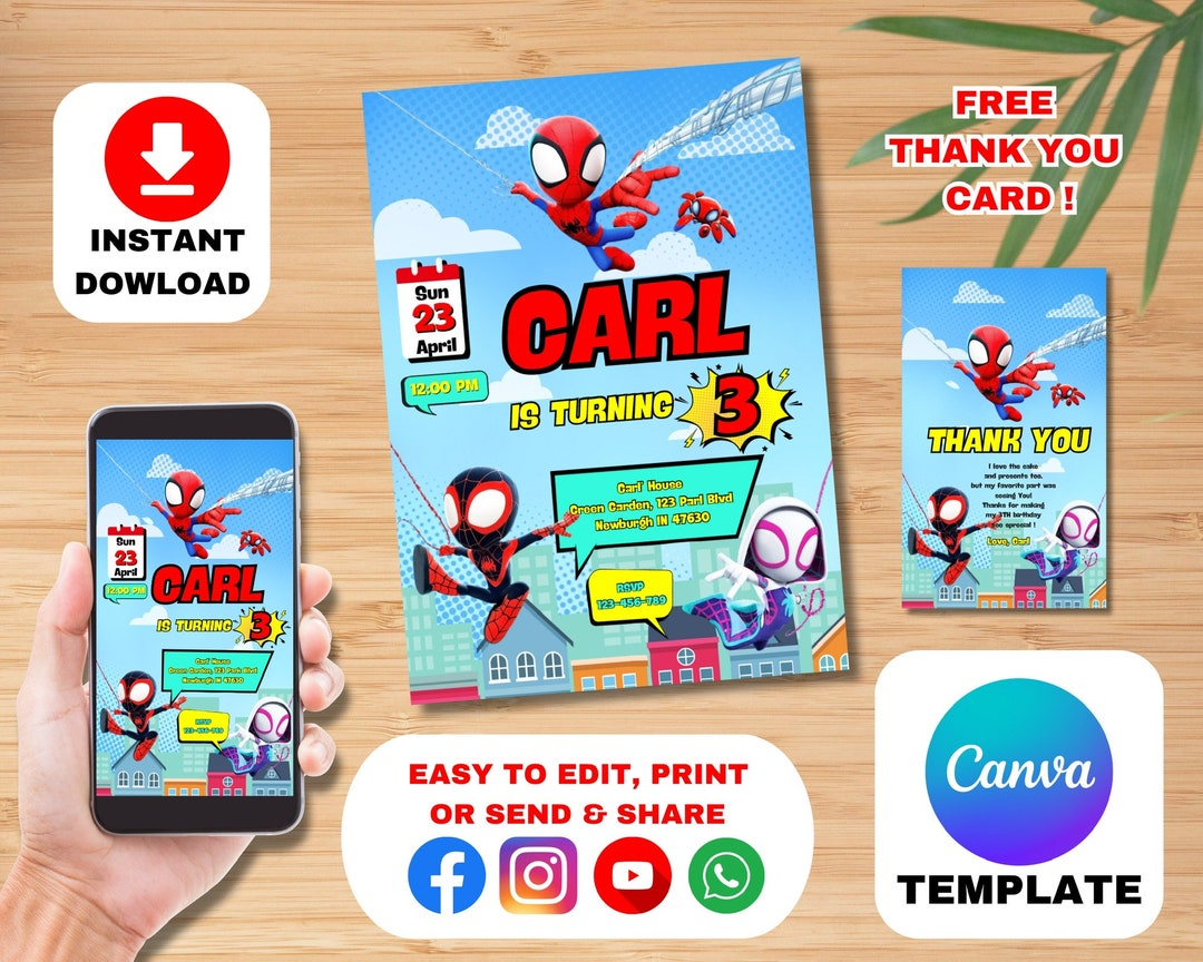 Editable Spidey His Amazing Friends Birthday Invitation, Template Editable Spidey His Amazing Friends Birthday Invitation, Template