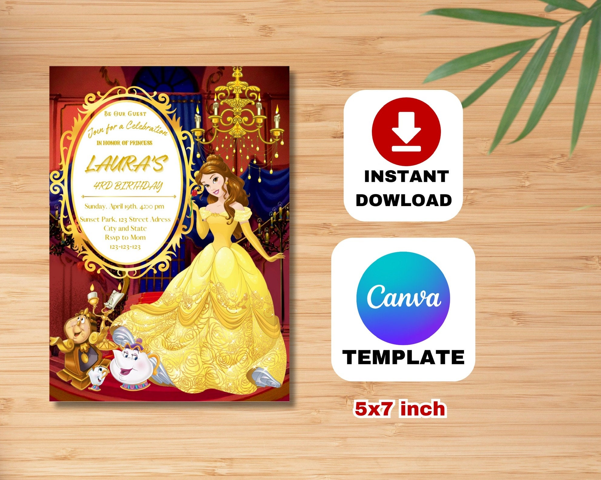 INSTANT DOWNLOAD Princess Belle Birthday Invitation, Beauty and Beast ...