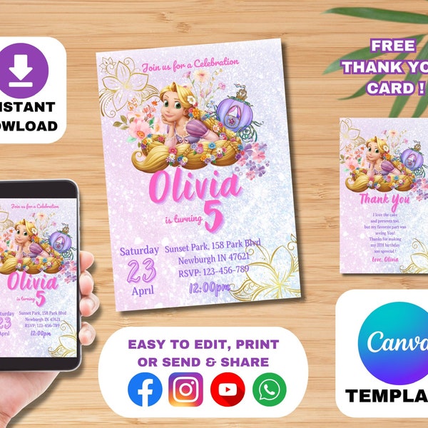 Tangled Rapunzel Birthday Invitation, Girl Birthday Invite, Editable Princess Party Einvite, Princess Printables, Template in Canva