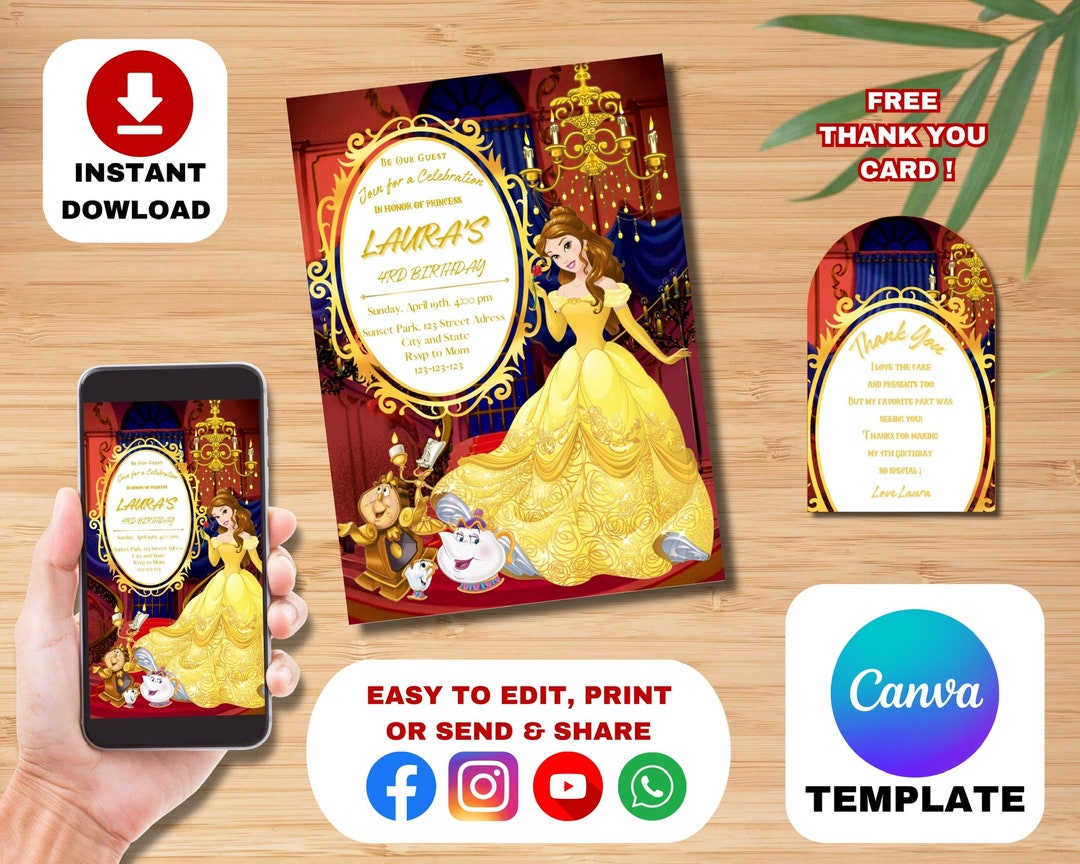INSTANT DOWNLOAD Princess Belle Birthday Invitation, Beauty and Beast ...